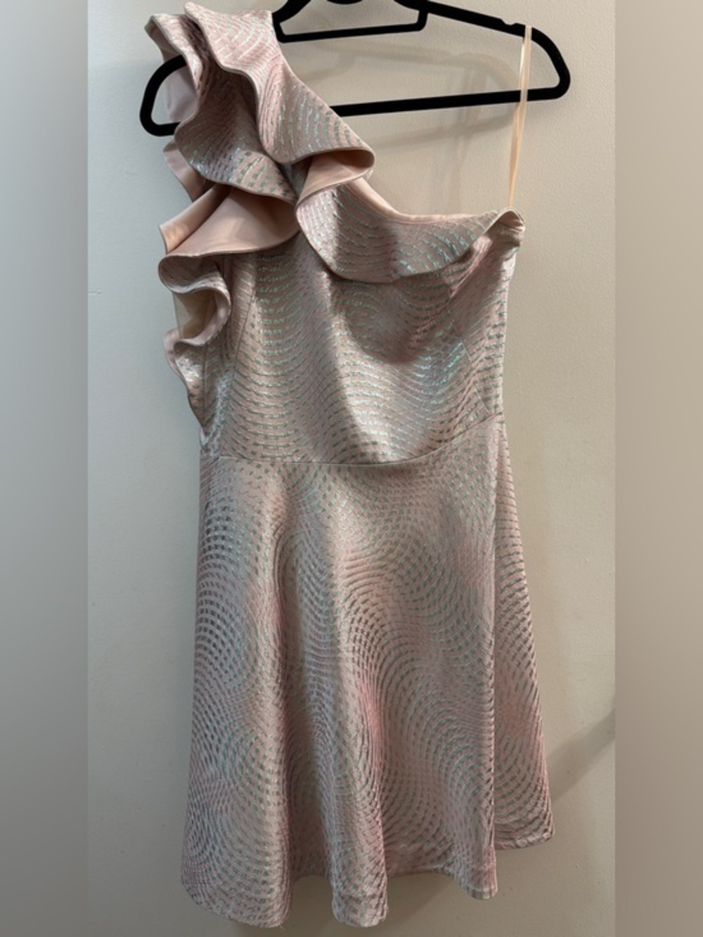 Theia Kay Unger Metallic Jacquard One Shoulder Ruffle Dress Pink Silver 8